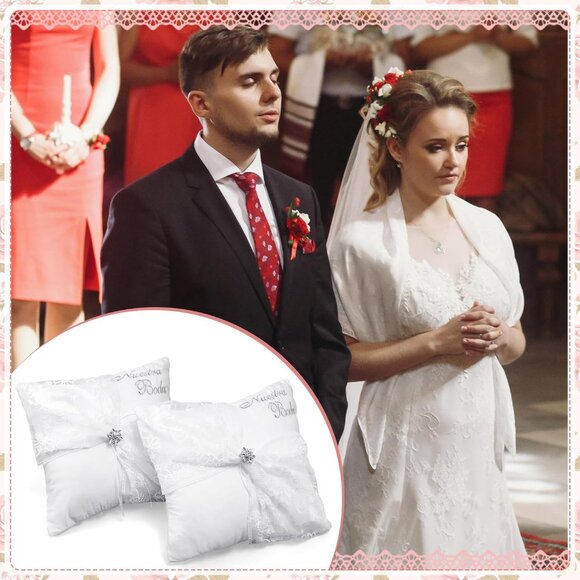 Elegant Wedding Kneeling Pillows (Set of 2) - 17x15" Satin Lace with Rhinestones - Picture 4 of 6